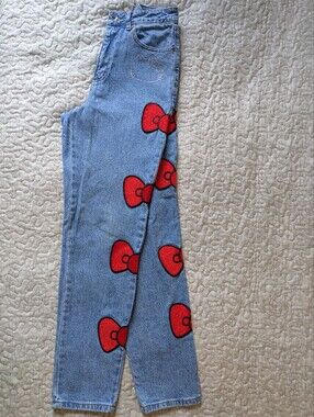 Hello Kitty Light Blue Denim with Red Bow And Rhinestones Embellishments